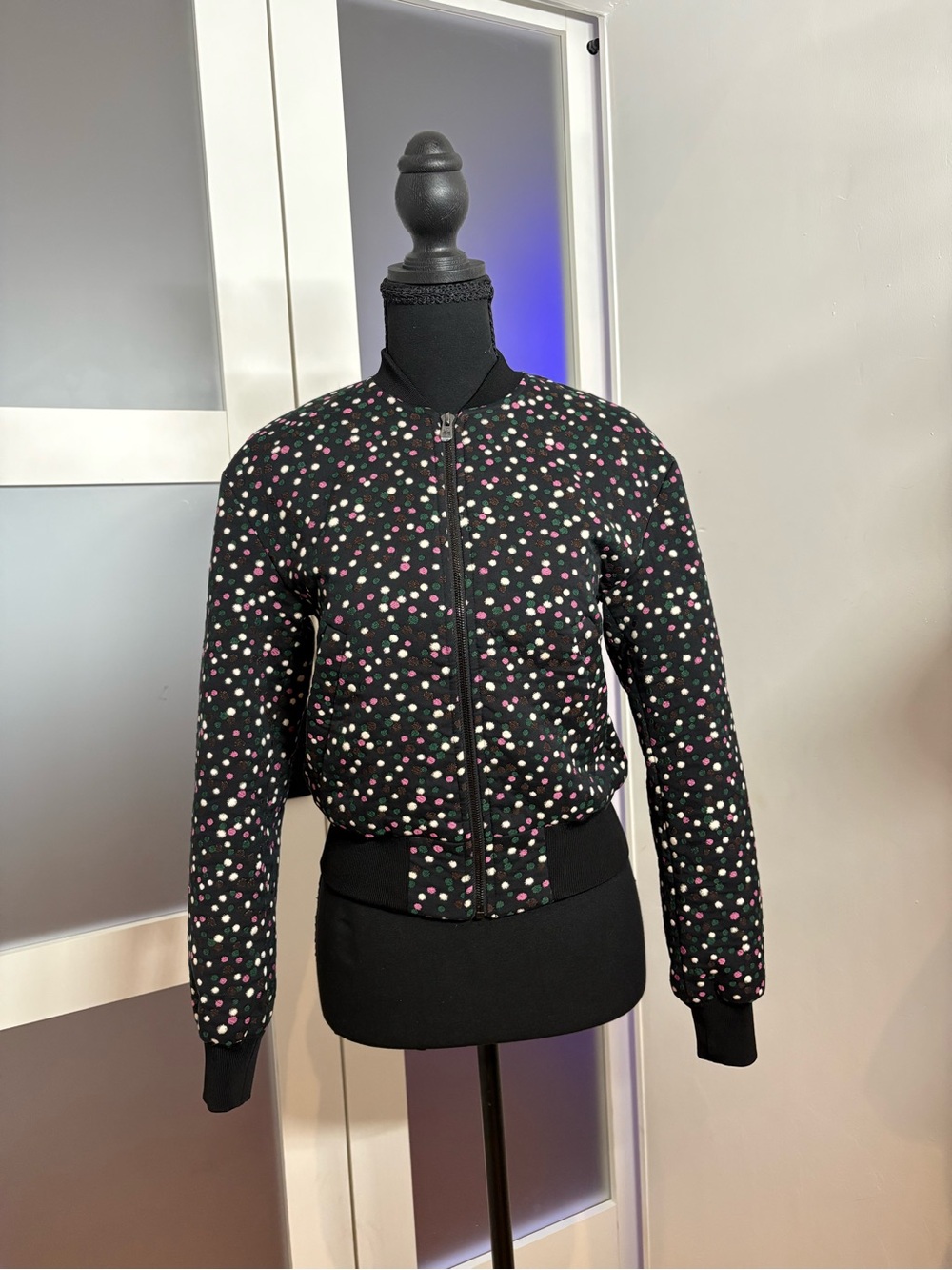 Diane von Furstenberg Black Quilted Polka Dot Bomber, size 00